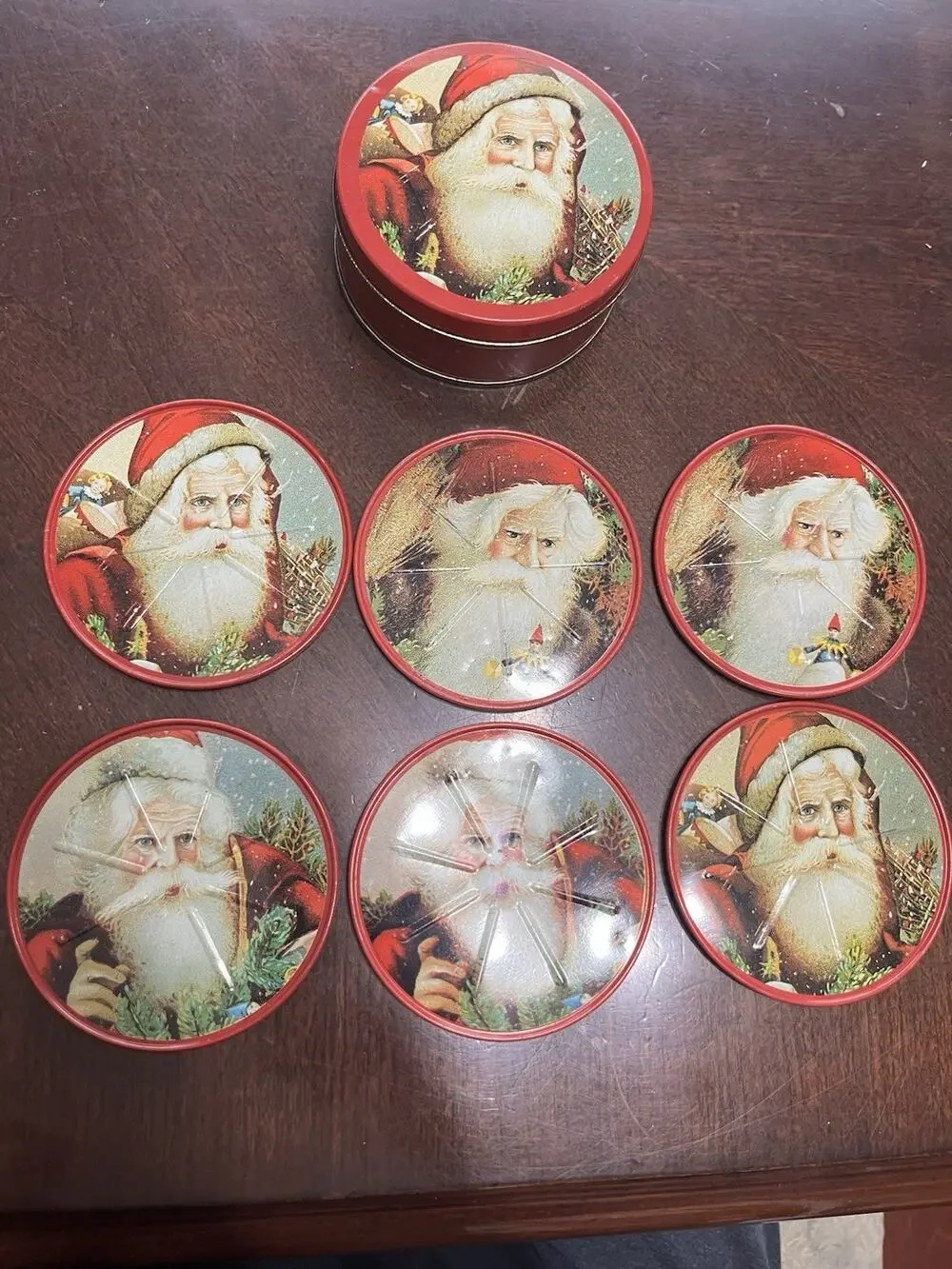 VTG 1986 Mrs. Grossman's 6 Pc Christmas Decor Santa Tin Coaster Set By Enesco